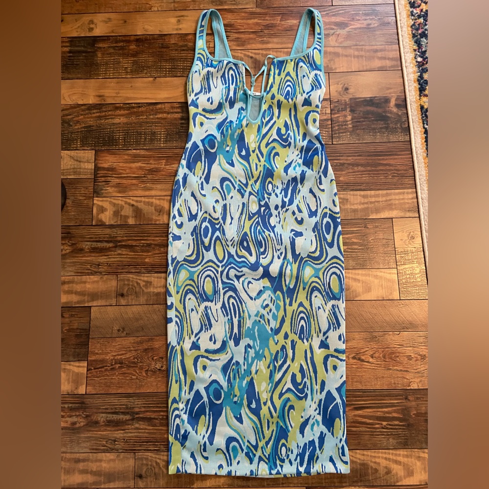 Zara Cut Out Jacquard Dress Light Blue